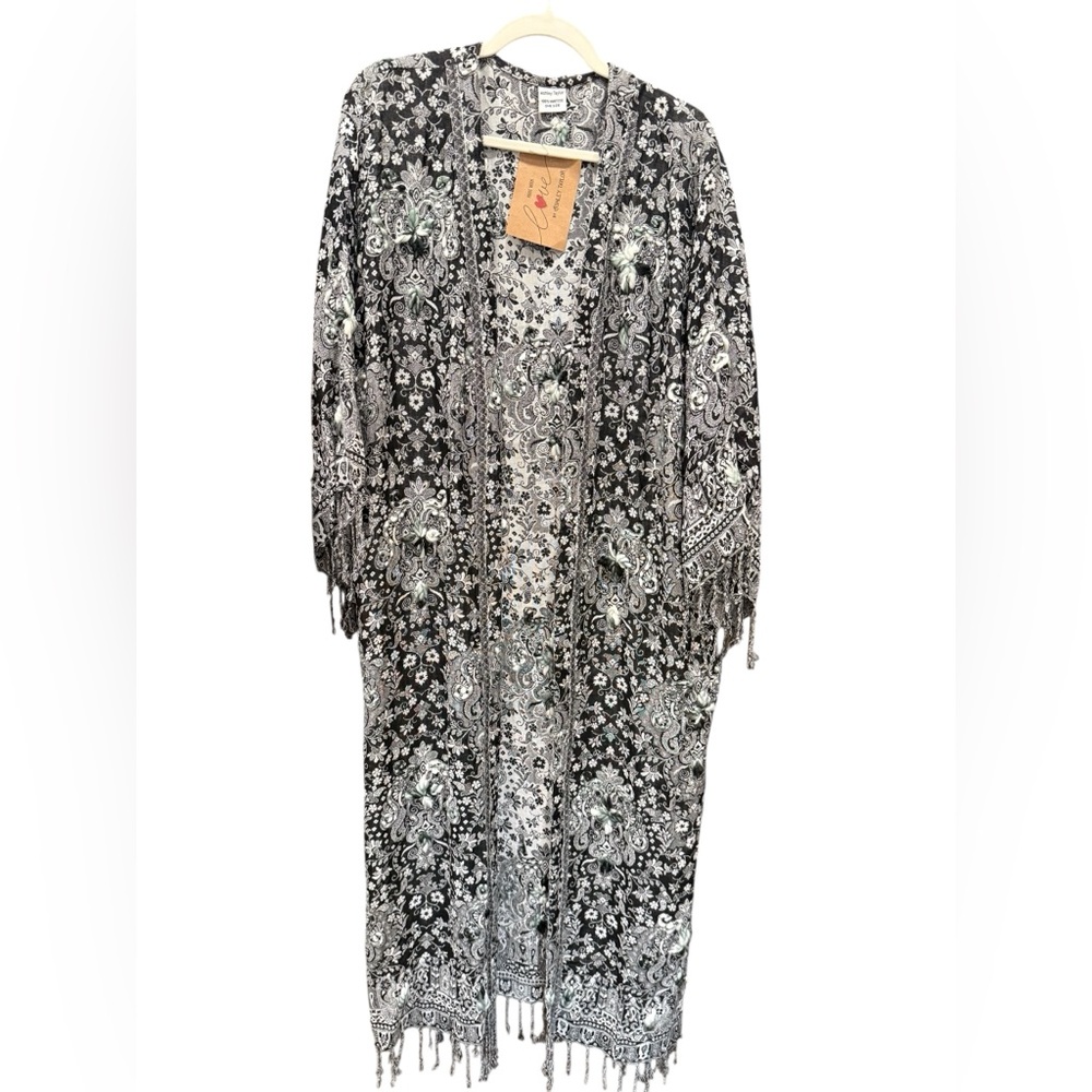 NWT Ashley Taylor Luxe Embroidered Boho Kimono Duster Fringe OS - Picture 2 of 6